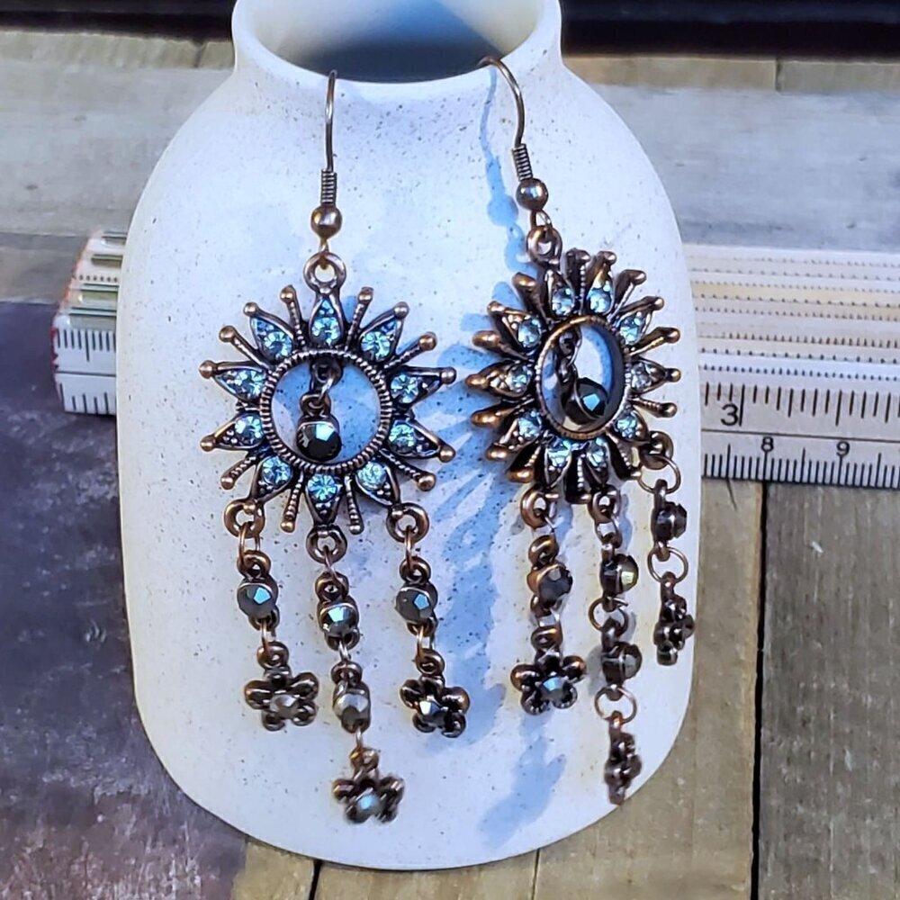 Antique Copper New Vintage Clear CZ Smoke Crystal Chandelier Dangle Earrings